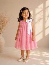 Embroidered Mul-Chanderi Bow Dress- Pink