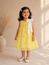 Embroidered Mul-Chanderi Bow Dress- Yellow