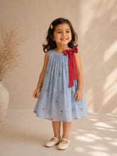 Embroidered Mul-Chanderi Bow Dress- Blue