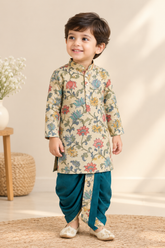 Floral Printed Cotton Kurta Dhoti Set: Yellow
