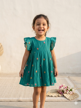 Embroidered mul-chanderi frock: sea green