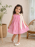 Embroidered Pink Mul-Cotton Bow Dress
