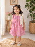 Embroidered Pink Mul-Cotton Bow Dress
