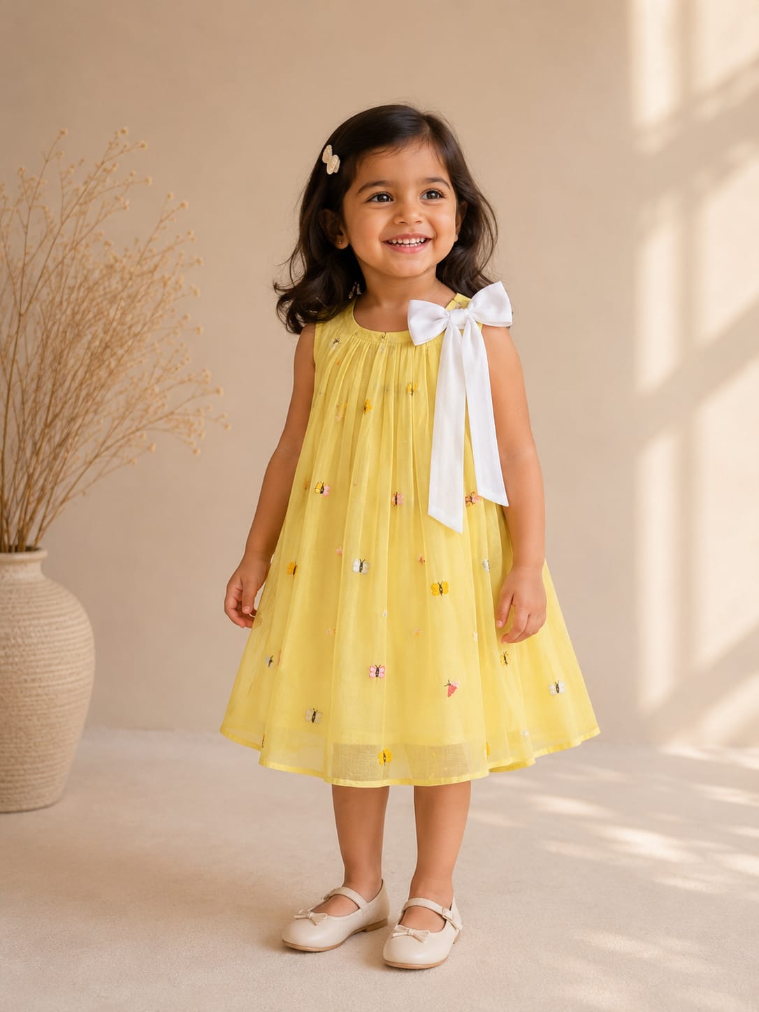 Embroidered Mul-Chanderi Bow Dress- Yellow