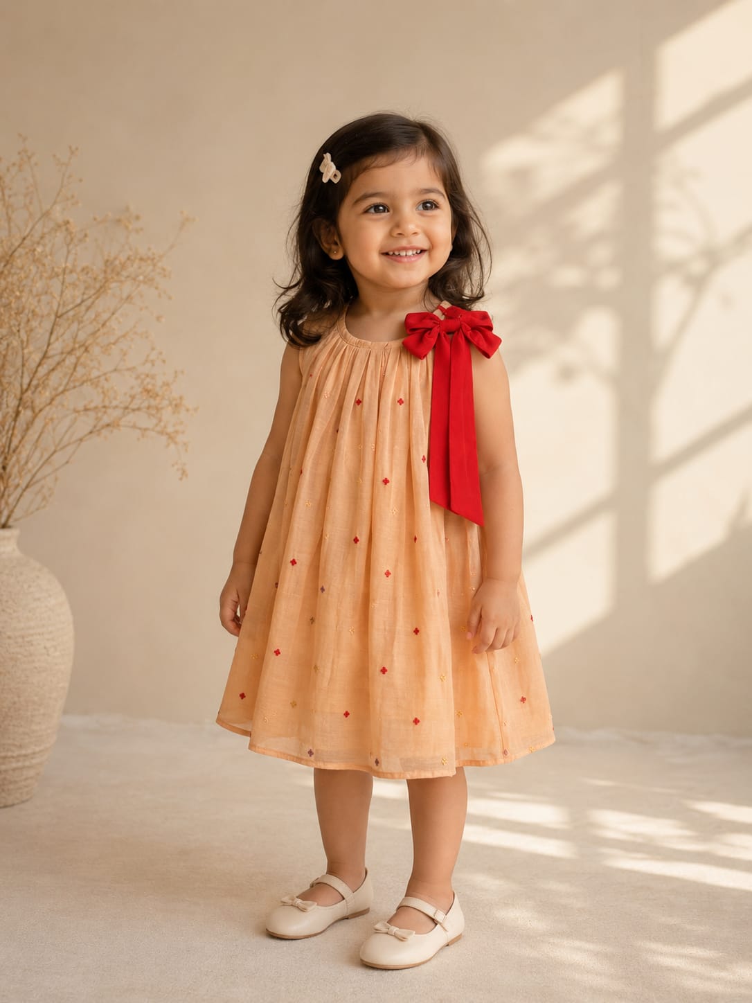 Embroidered Mul-Chanderi Bow Dress- Peach