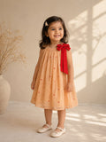 Embroidered Mul-Chanderi Bow Dress- Peach