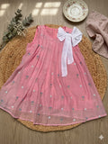 Embroidered Mul-Chanderi Bow Dress- Pink