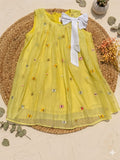 Embroidered Mul-Chanderi Bow Dress- Yellow