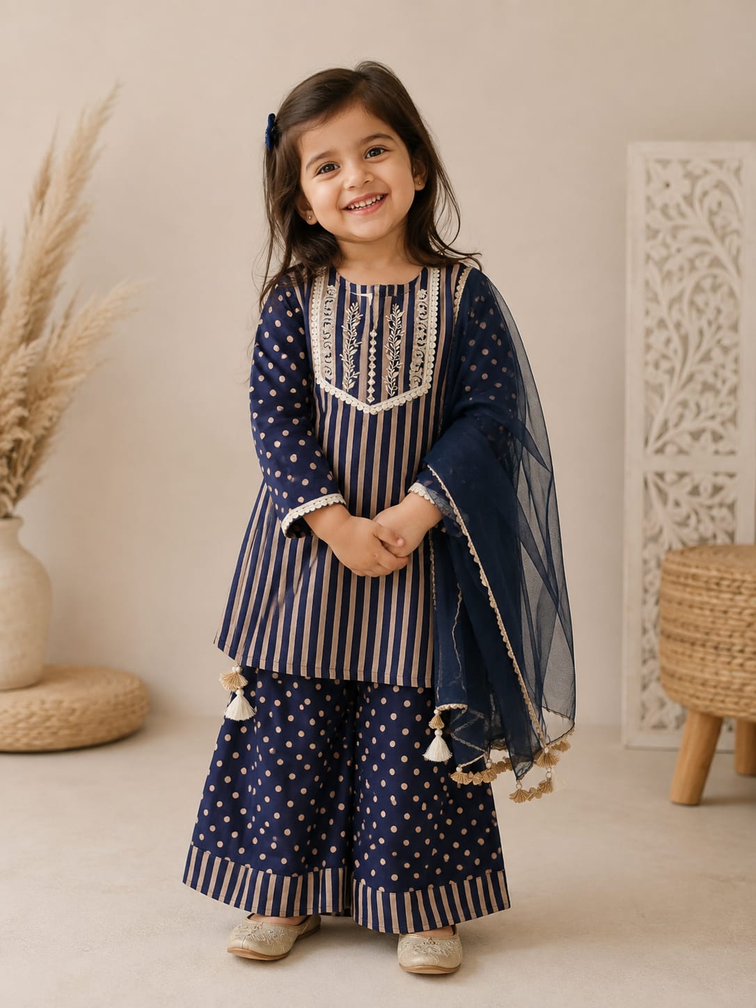Navy Grace Cotton Kurta-Plazzo & Dupatta Set