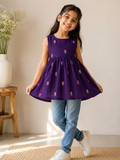 Embroidered mul-chanderi short kurti: purple
