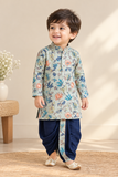 Floral Printed Cotton Kurta Dhoti Set: Green