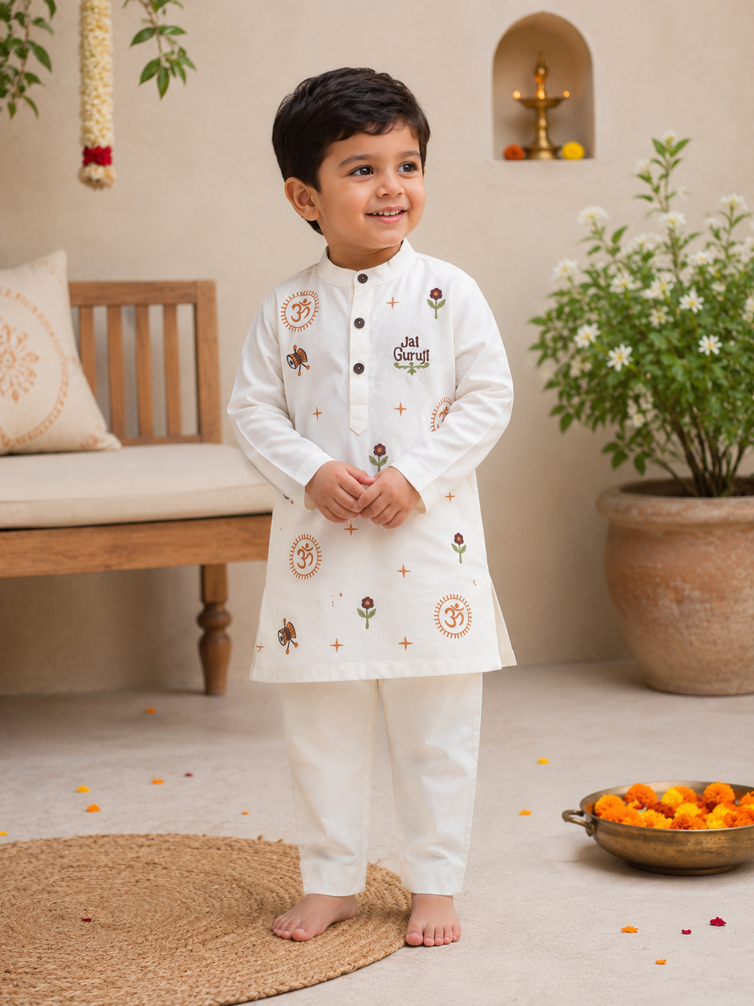 Jai Guruji Embroidered Cotton Kurta Set: Boy
