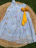 Embroidered Mul-chanderi dress: Ice blue