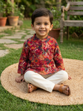 Printed Red Cotton Kurta Pajama