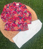 Printed Red Cotton Kurta Pajama
