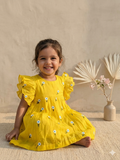 Embroidered mul-chanderi frock: sunshine yellow