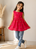Embroidered mul-chanderi short kurti: rani pink