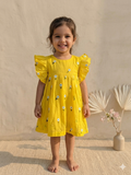 Embroidered mul-chanderi frock: sunshine yellow