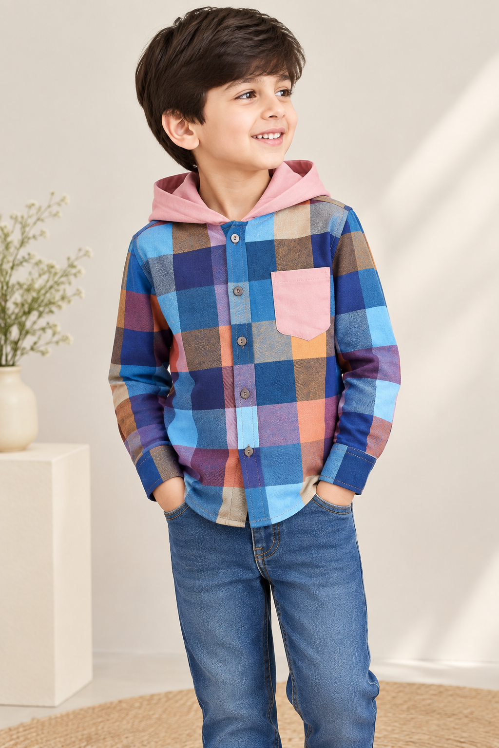 Playful Check Shirt: Blue and Peach