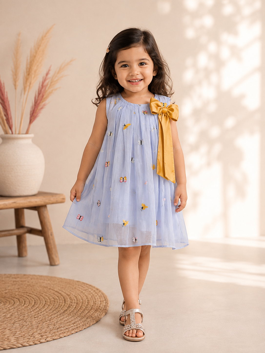 Embroidered Mul-chanderi dress: Ice blue