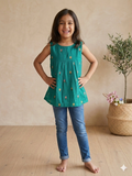 Embroidered mul-chanderi short kurti: sea green