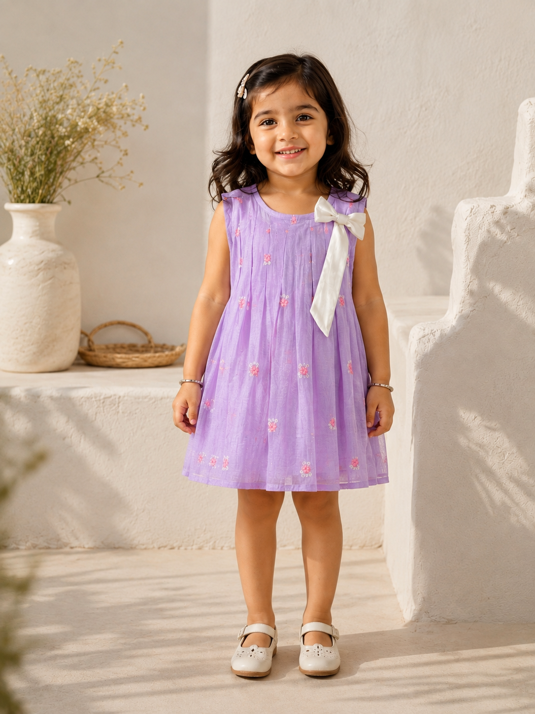 Embroidered Mul-chanderi Bow dress: Lilac