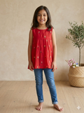 Embroidered mul-chanderi short kurti: rani pink