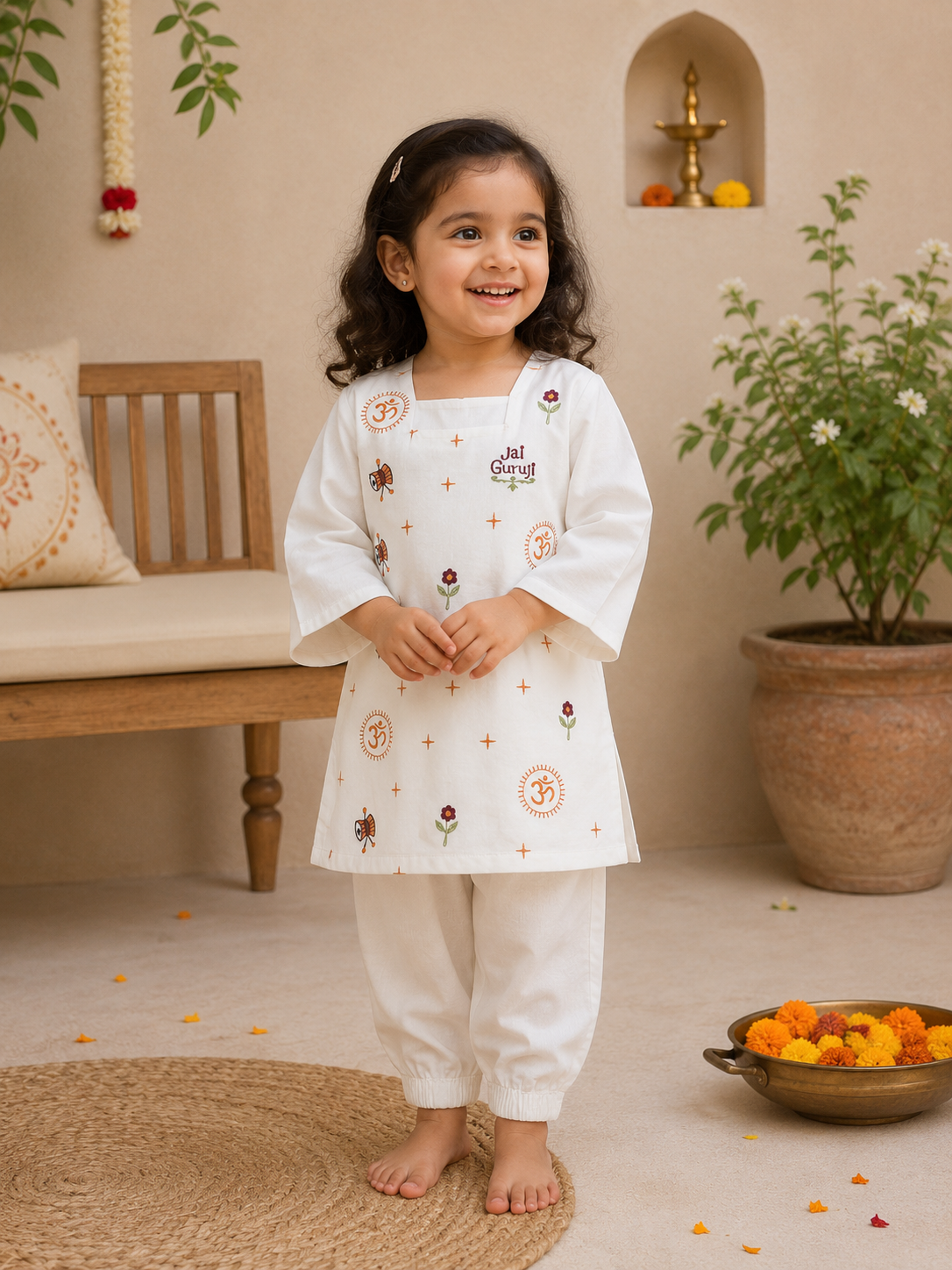 Jai Guruji Embroidered Cotton Kurta Set: Girl