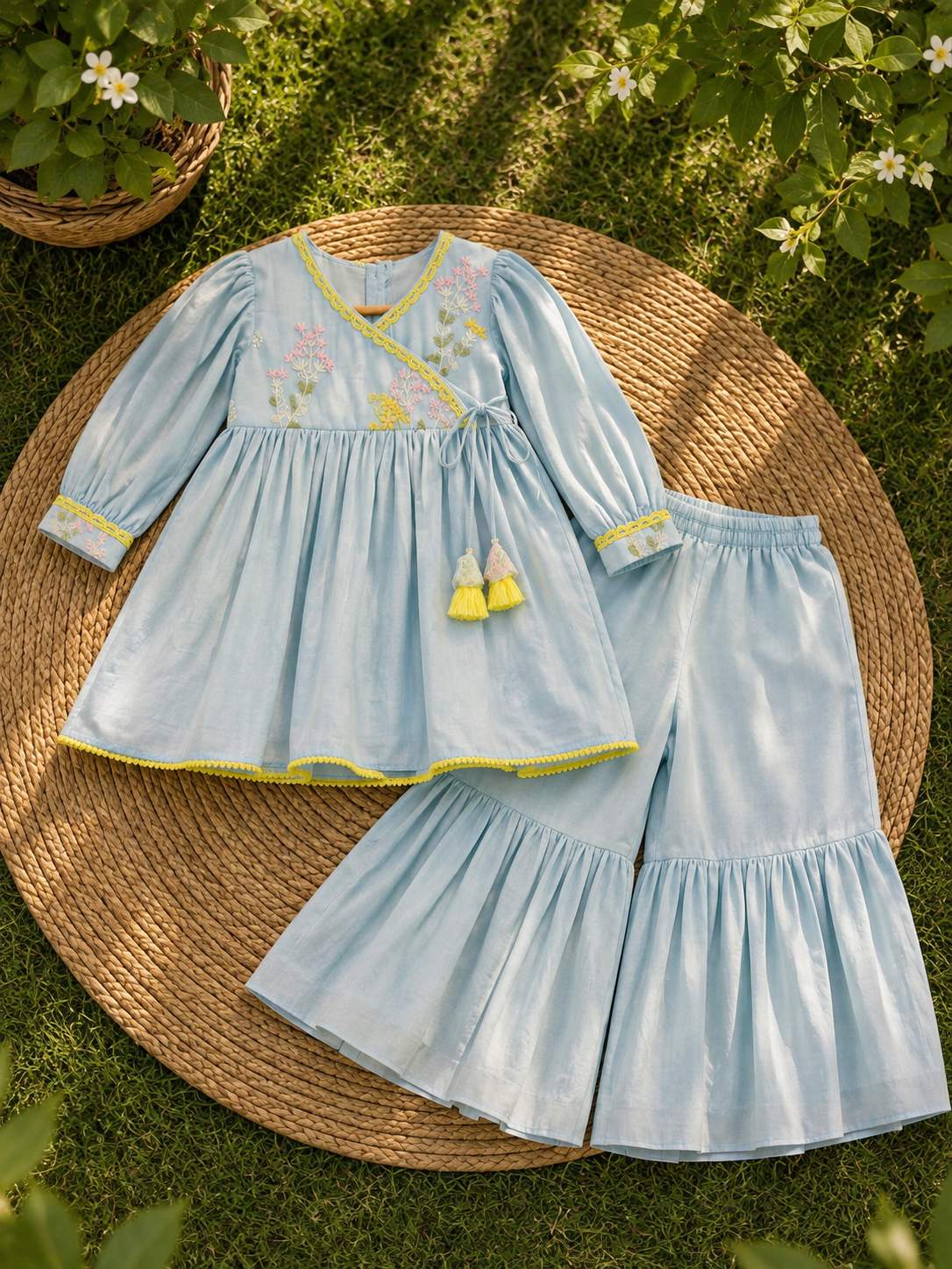 Ice Blue Mul-chanderi Embroidered sharara set