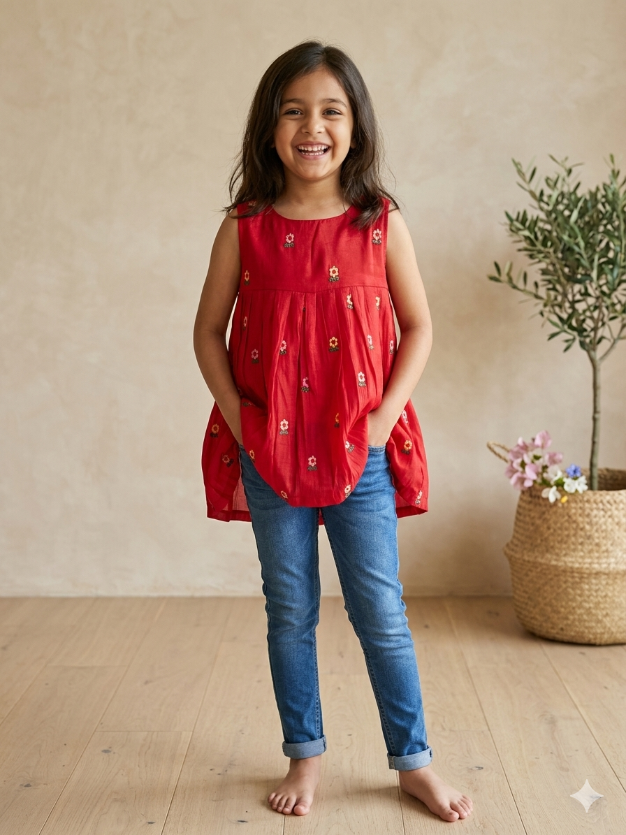 Embroidered mul-chanderi short kurti: rani pink