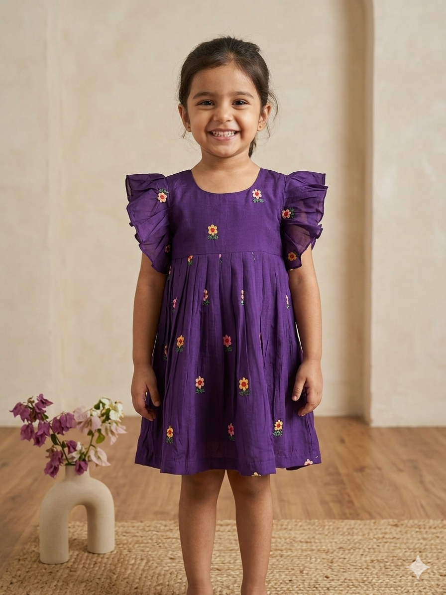 Embroidered mul-chanderi frock: purple