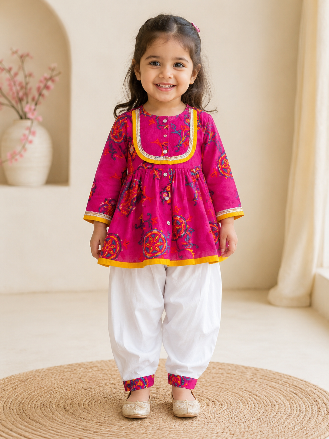 Rani Rang Cotton Kurta Set: Girl