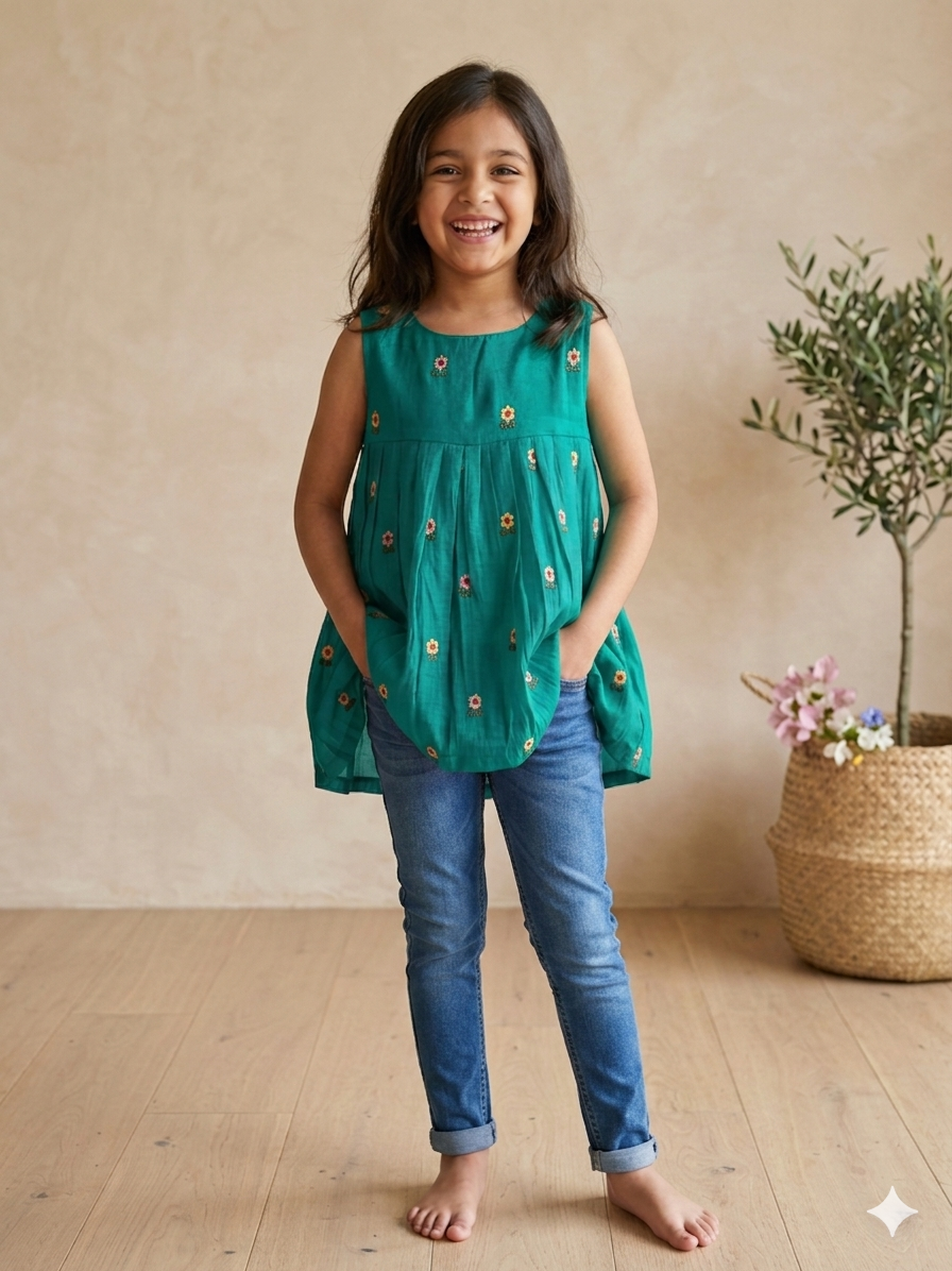 Embroidered mul-chanderi short kurti: sea green
