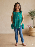 Embroidered mul-chanderi short kurti: sea green