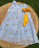 Embroidered Mul-chanderi dress: Ice blue