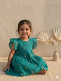 Embroidered mul-chanderi frock: sea green